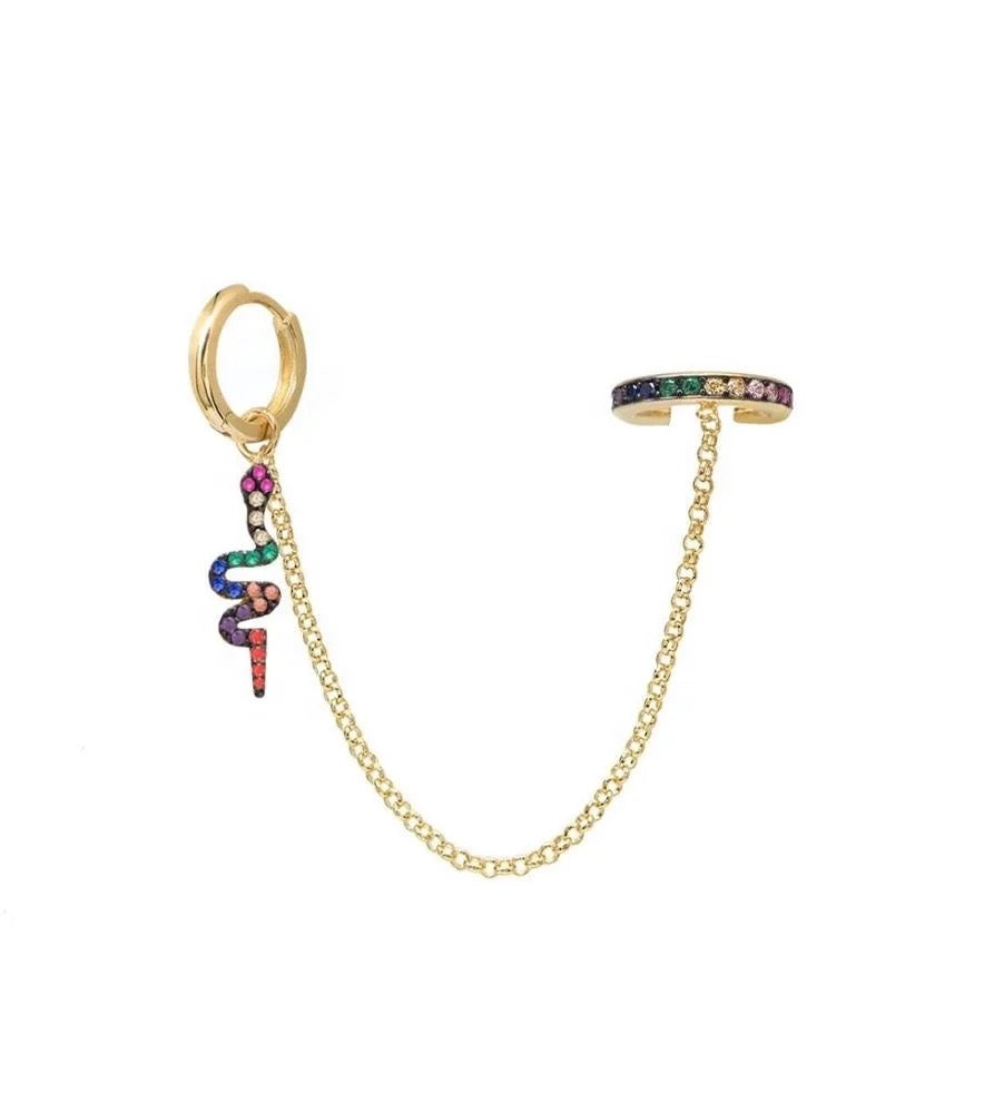 Multi zirconia colour hoop earring with chain Ear cuff