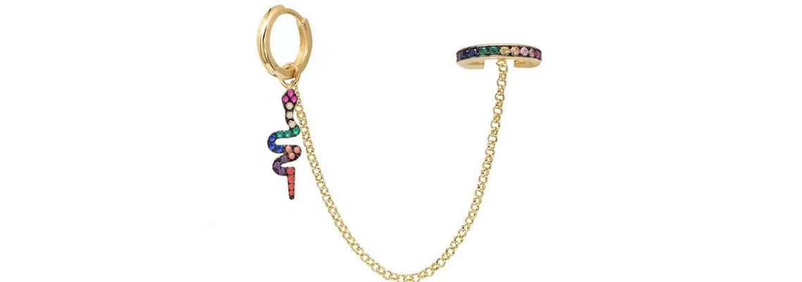 Multi zirconia colour hoop earring with chain Ear cuff